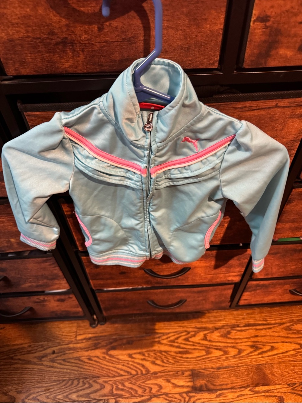 Puma Light Blue Girls' Zip Puffer Jacket with Pink Trim